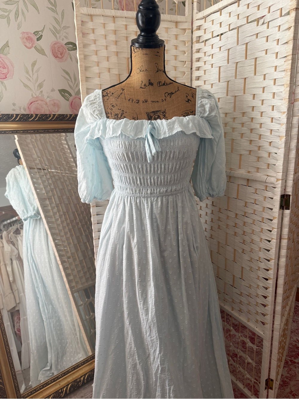 Light Blue Smocked Ruffle Midi Dress